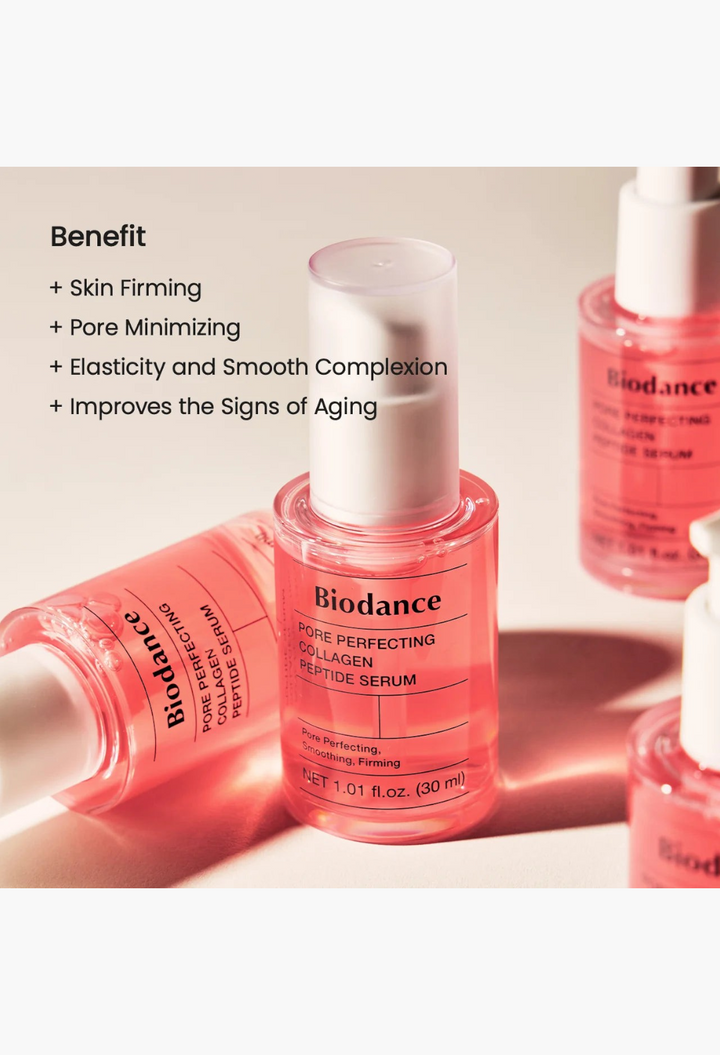 GLAM MODA Biodance Pore Perfecting Collagen Peptide Serum in a pink glass bottle for skin firming and pore care.