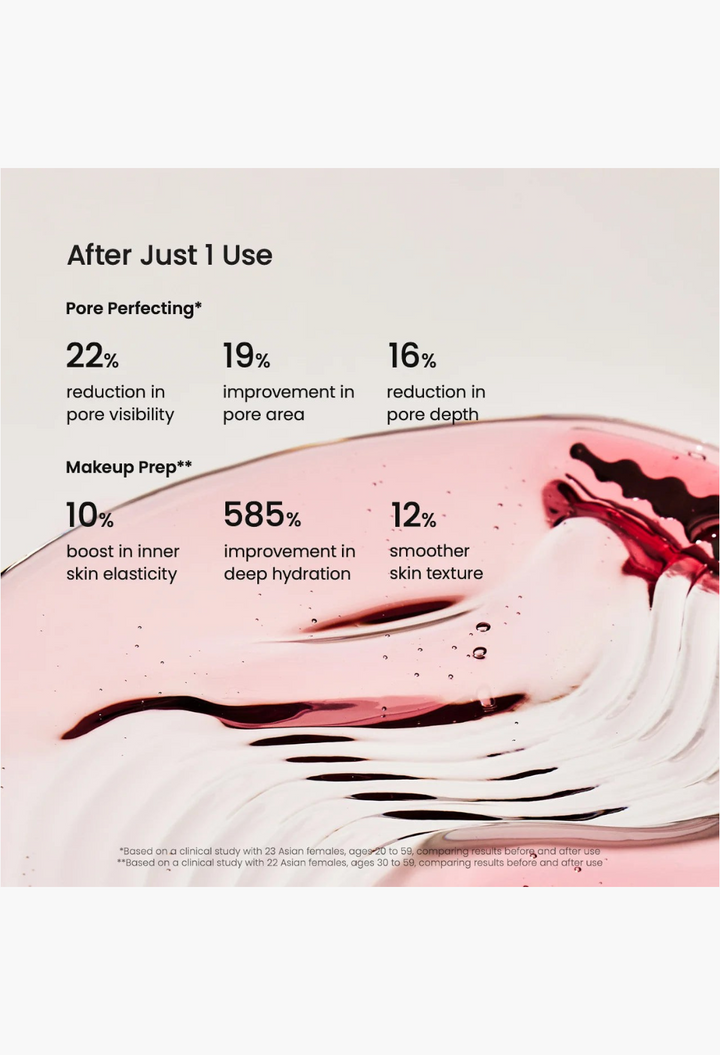 GLAM MODA Pore Perfecting Collagen Peptide Serum showing pink gel texture with clinical study results on skin benefits