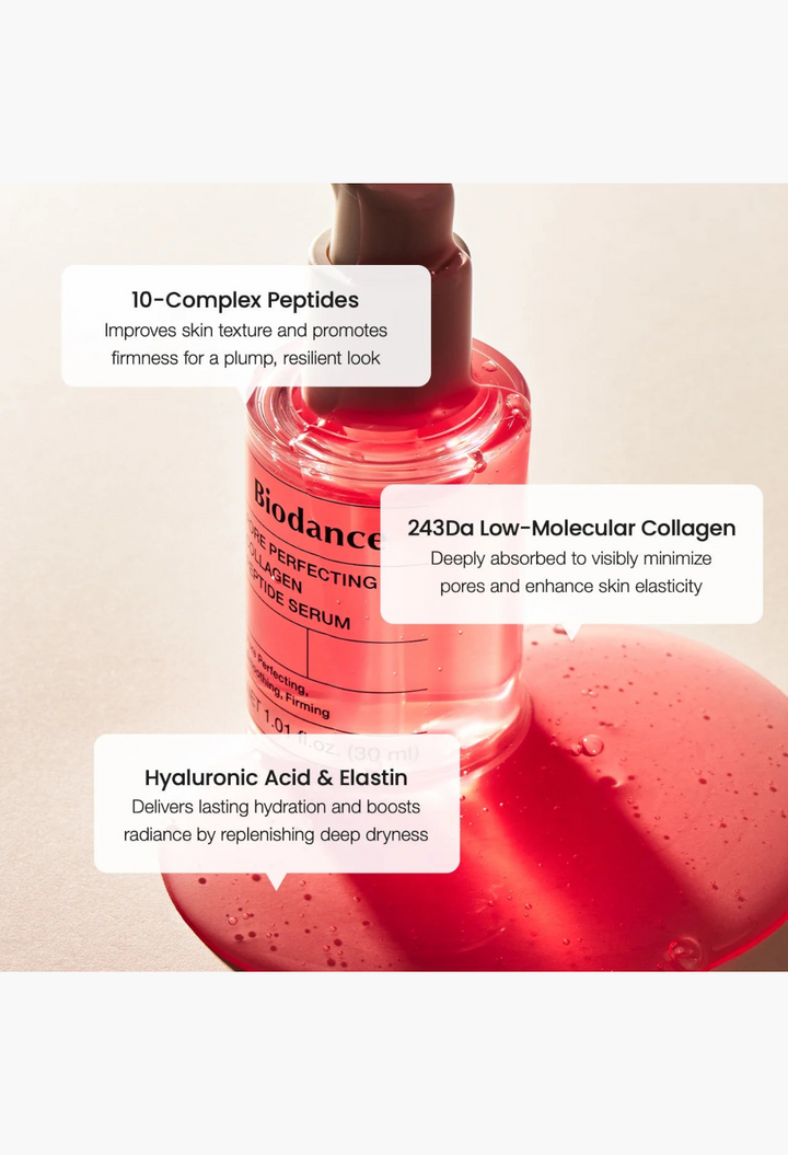 GLAM MODA Pore Perfecting Collagen Peptide Serum bottle with informative text overlays highlighting key ingredients.