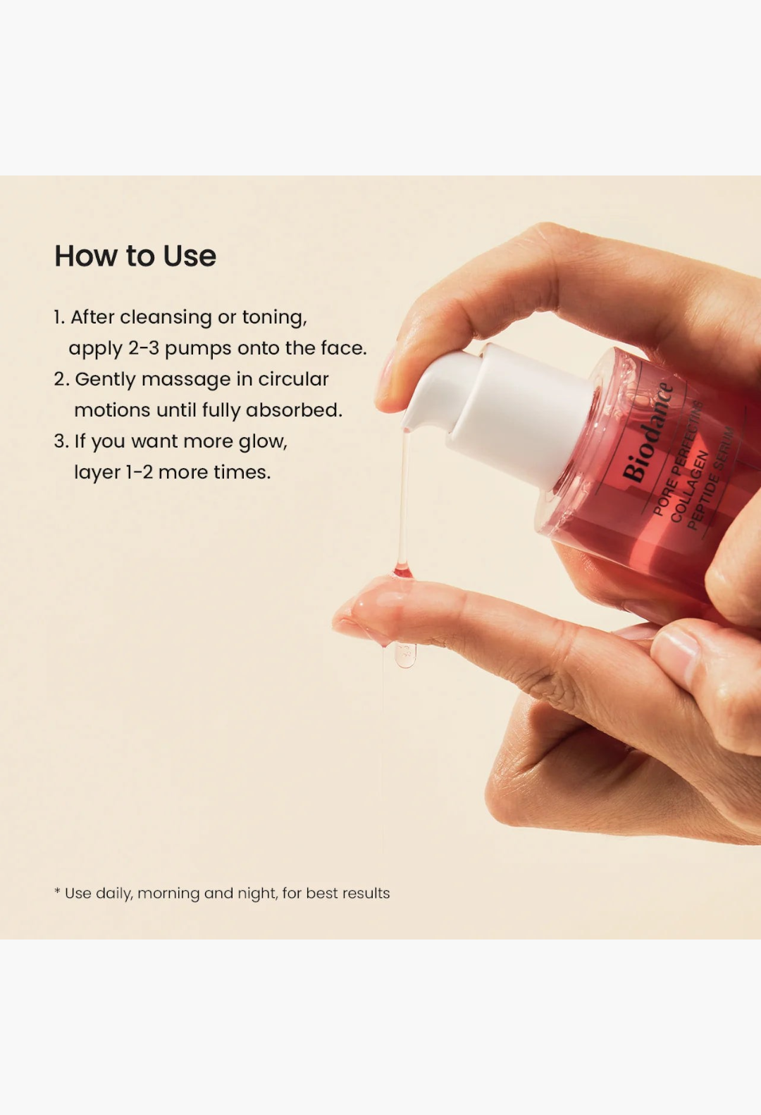 GLAM MODA Pore Perfecting Collagen Peptide Serum being dispensed from a pink bottle onto a finger