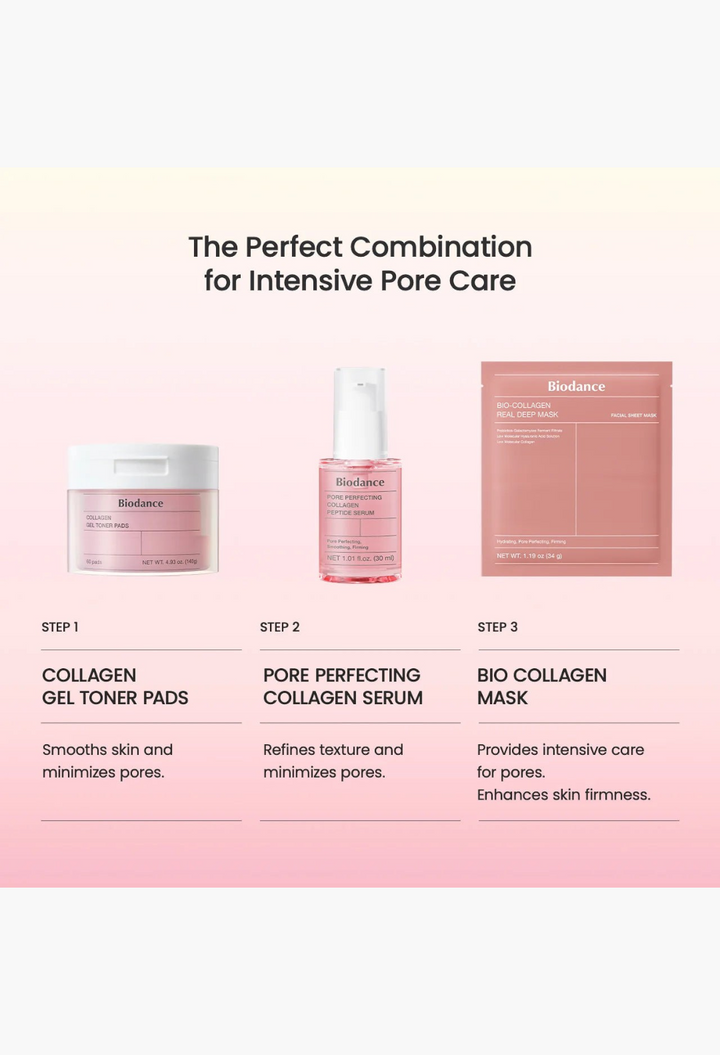 GLAM MODA Pore Perfecting Collagen Peptide Serum bottle displayed with matching collagen toner pads and sheet mask