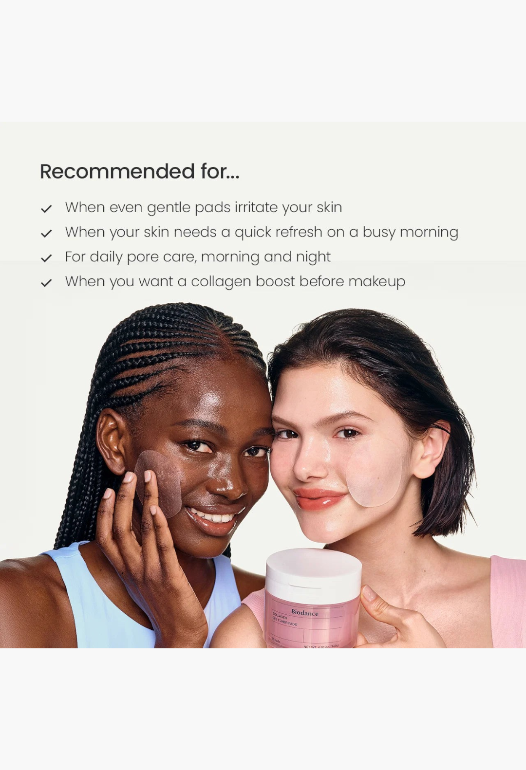GLAM MODA Biodance collagen gel toner pads applied to cheeks of two smiling diverse models for hydrating skincare