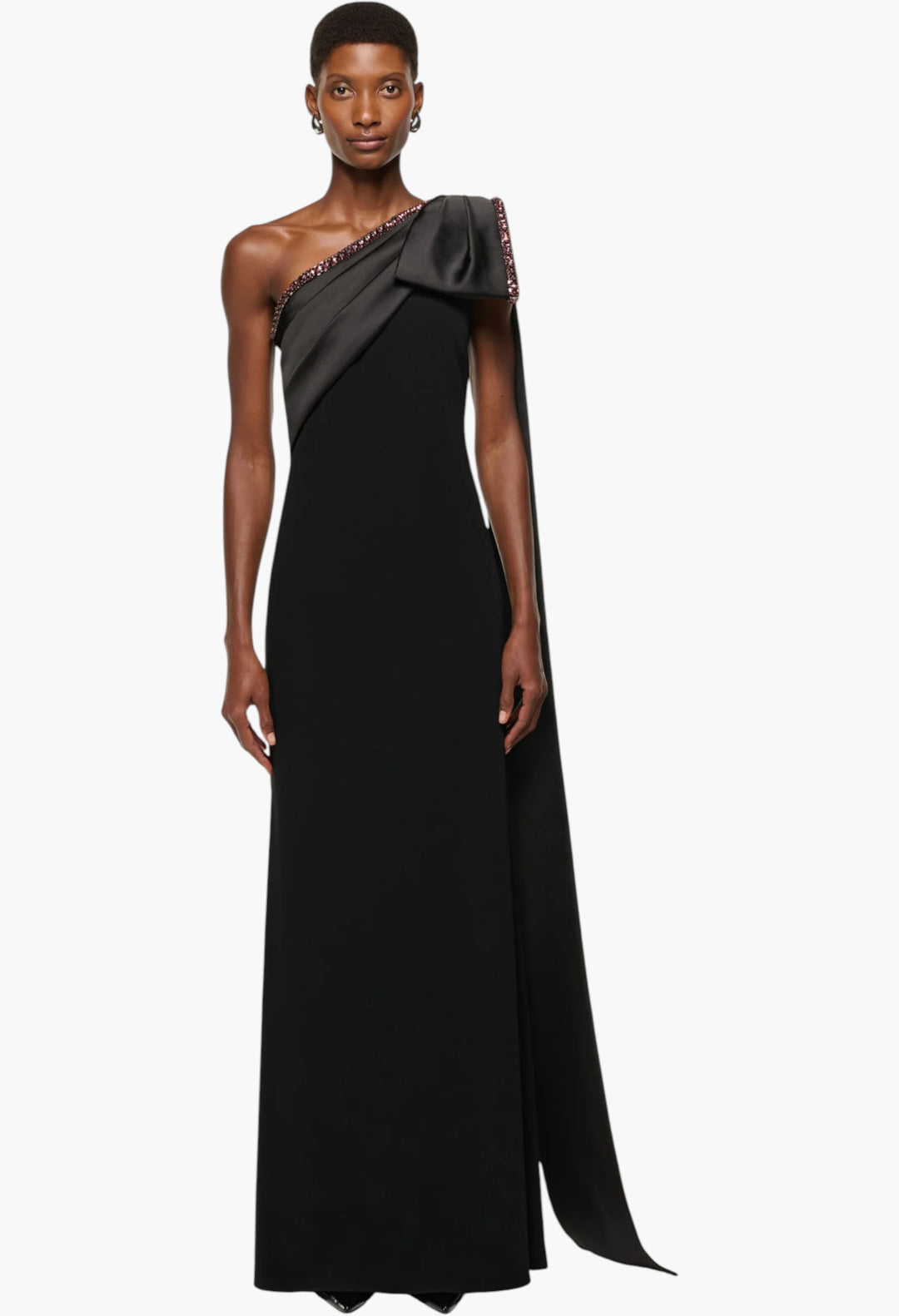 Contrast Crystal Trimmed Bow Satin Crepe Gown - GLAM MODA