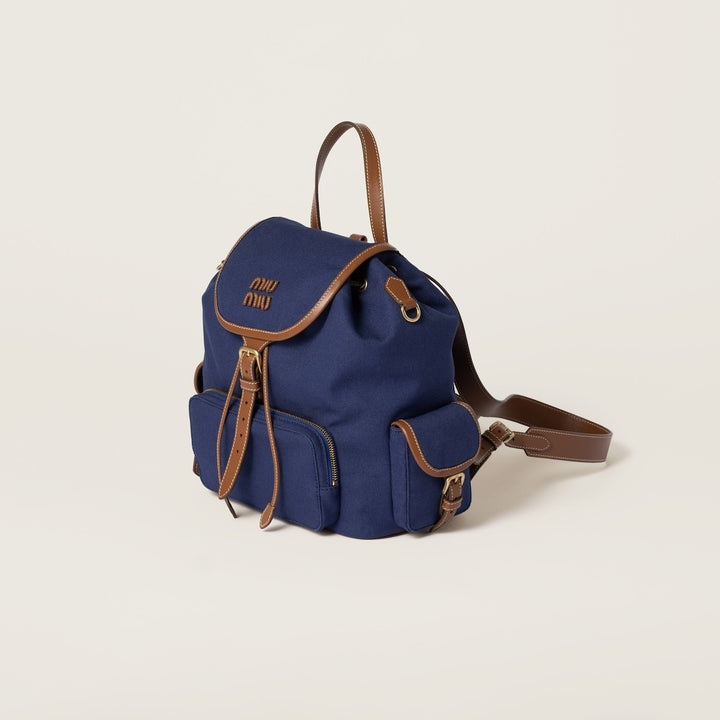 Cornflower Blue/Brandy - Canvas And Leather Backpack - GLAM MODA