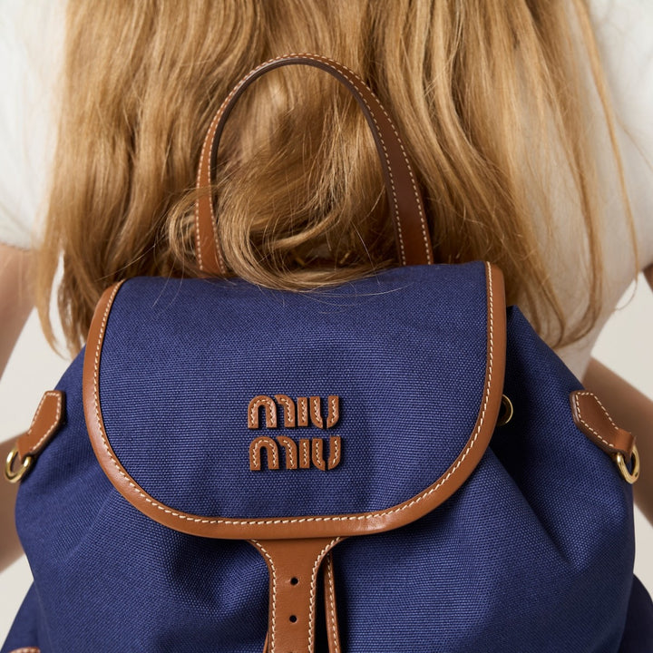 Cornflower Blue/Brandy - Canvas And Leather Backpack - GLAM MODA