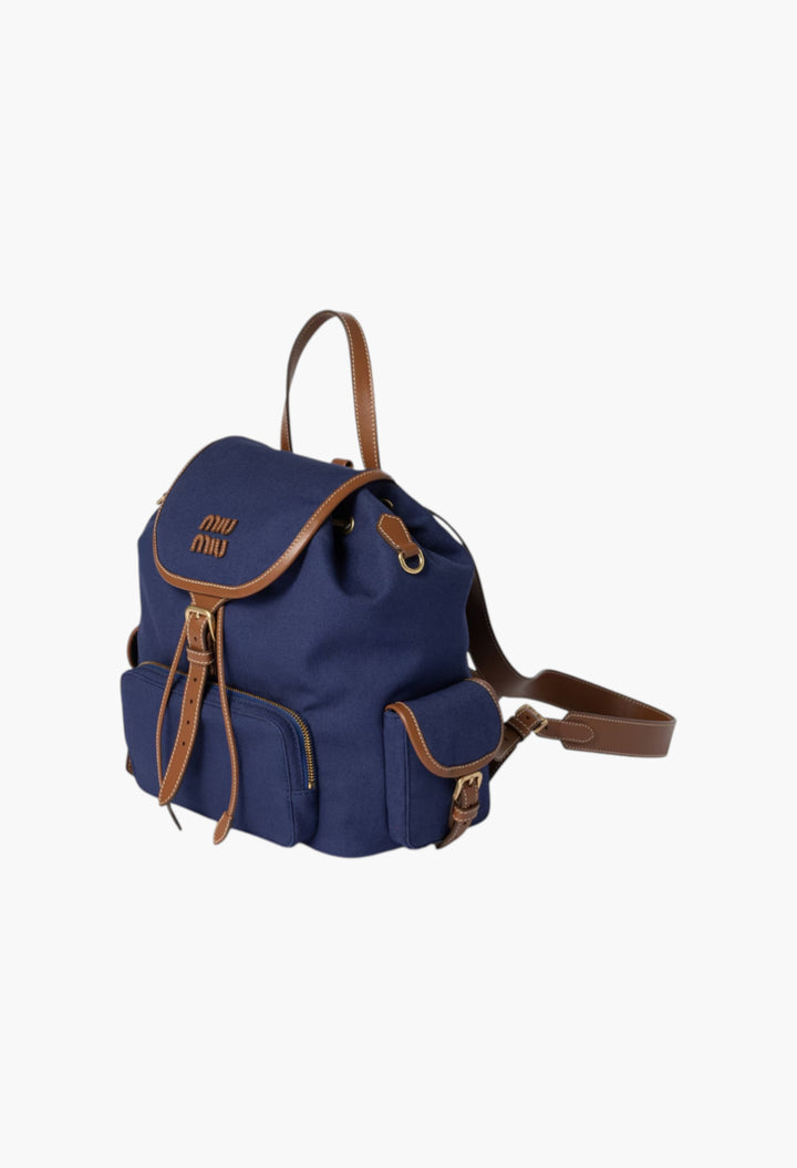 Cornflower Blue/Brandy - Canvas And Leather Backpack - GLAM MODA