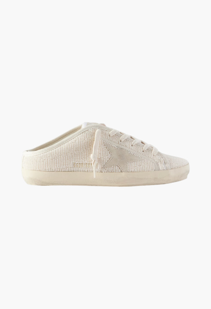 Cream - Super-Star Sabot Suede-Trimmed Bead-Embellished Canvas Slip-On Sneakers - GLAM MODA