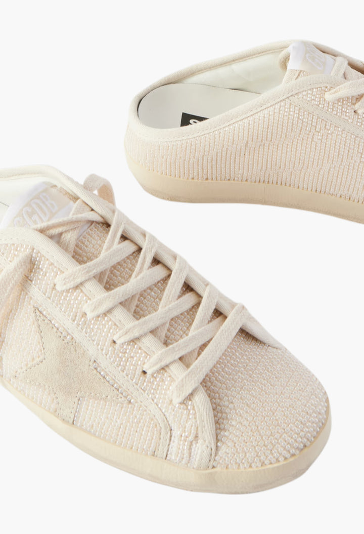 Cream - Super-Star Sabot Suede-Trimmed Bead-Embellished Canvas Slip-On Sneakers - GLAM MODA