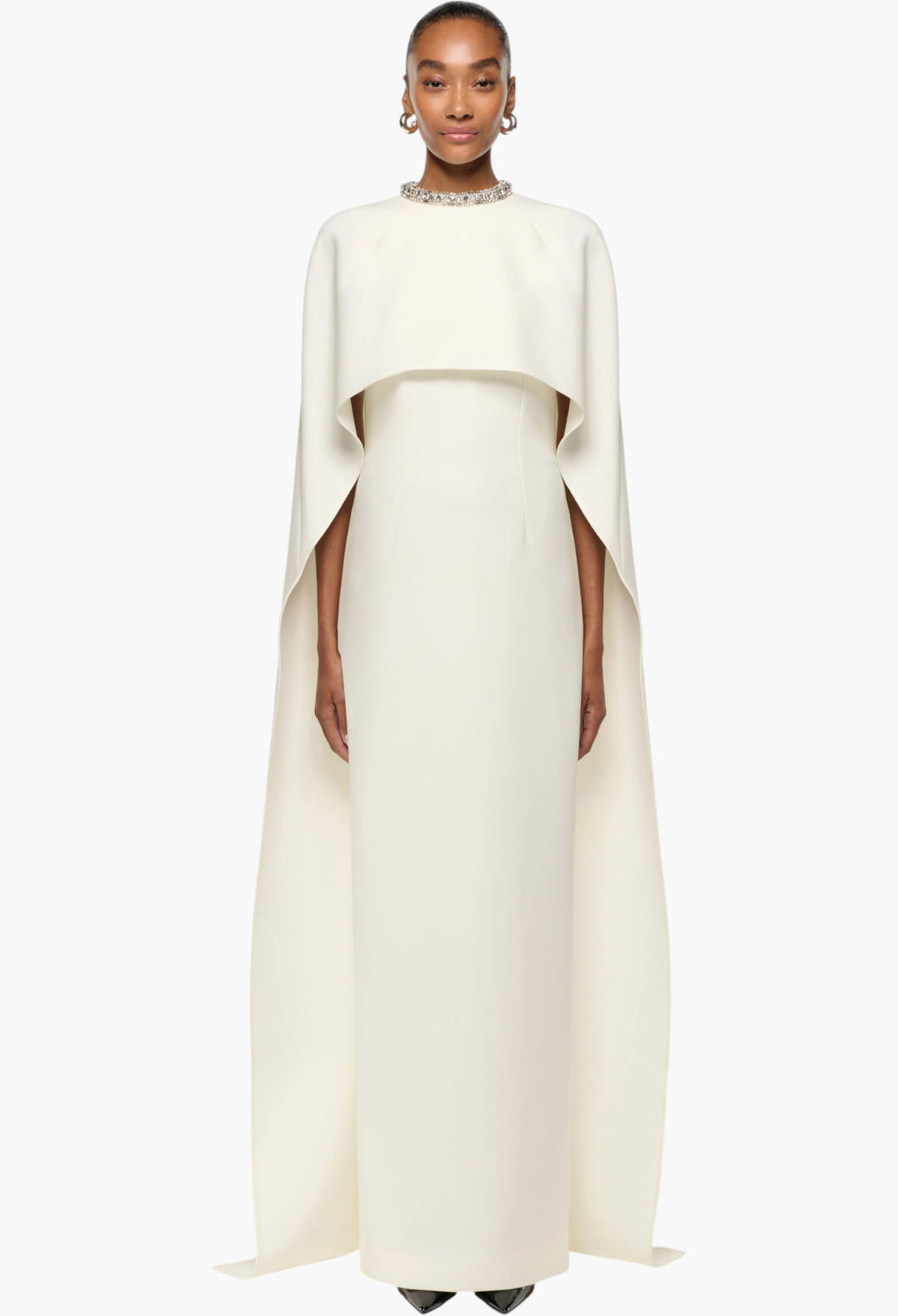 Crystal Neckline Crepe Cape Gown | Elegant Evening Dress with Cape Detail GLAM MODA Crystal Neckline Crepe Cape Gown | Elegant Evening Dress with Cape Detail GLAM MODA