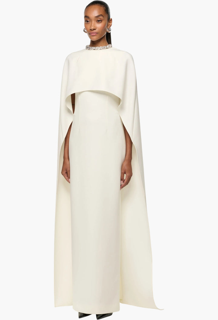 Crystal Neckline Crepe Cape Gown - GLAM MODA