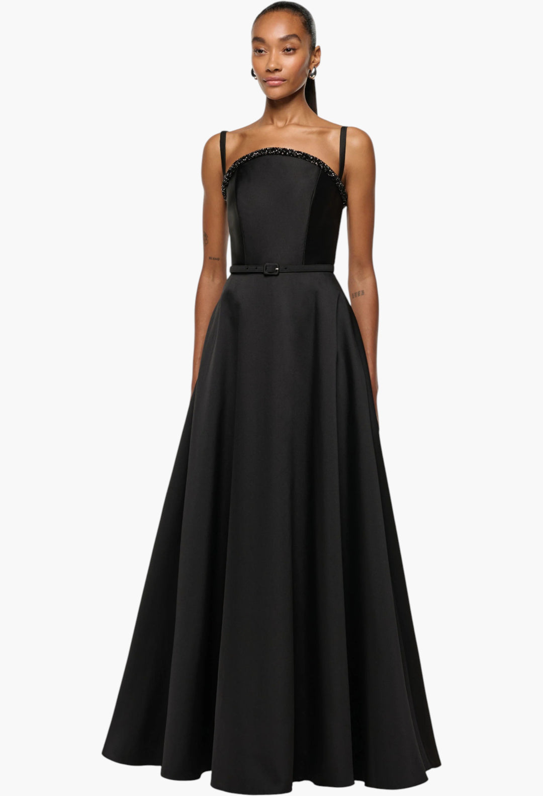 Curved Crystal Neckline Taffeta Gown - GLAM MODA