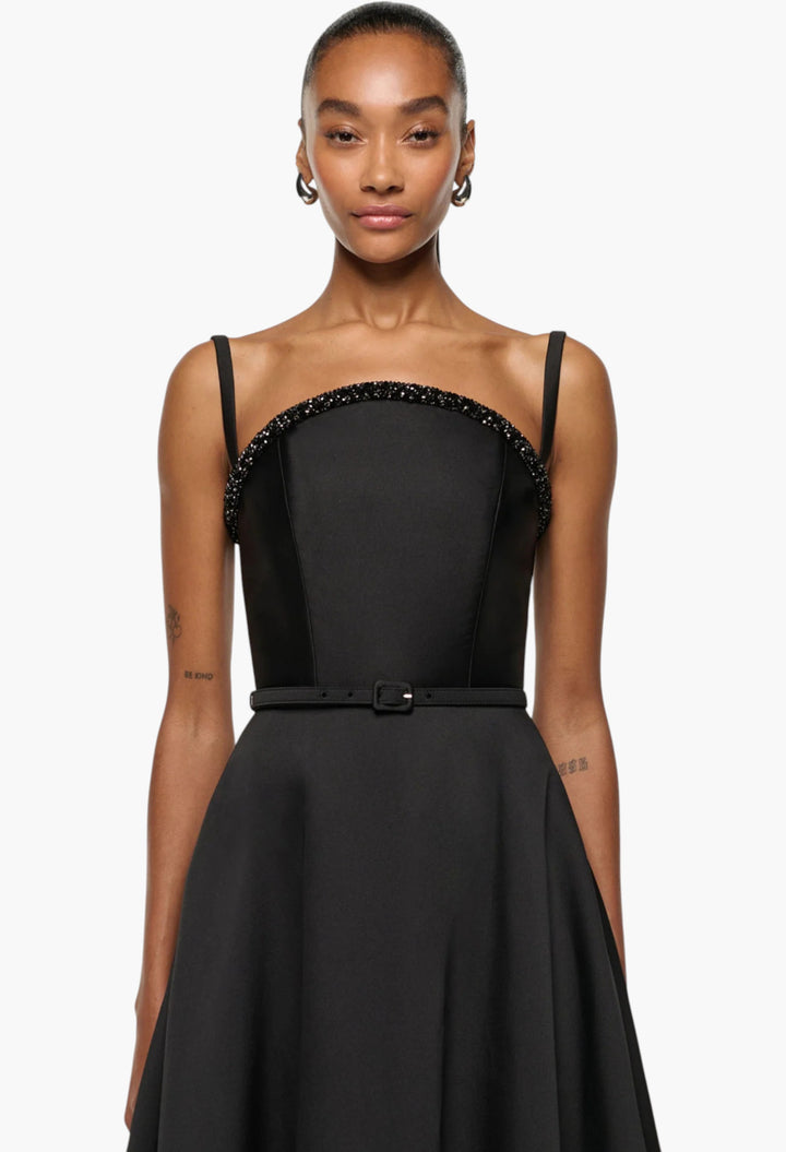 Curved Crystal Neckline Taffeta Gown - GLAM MODA