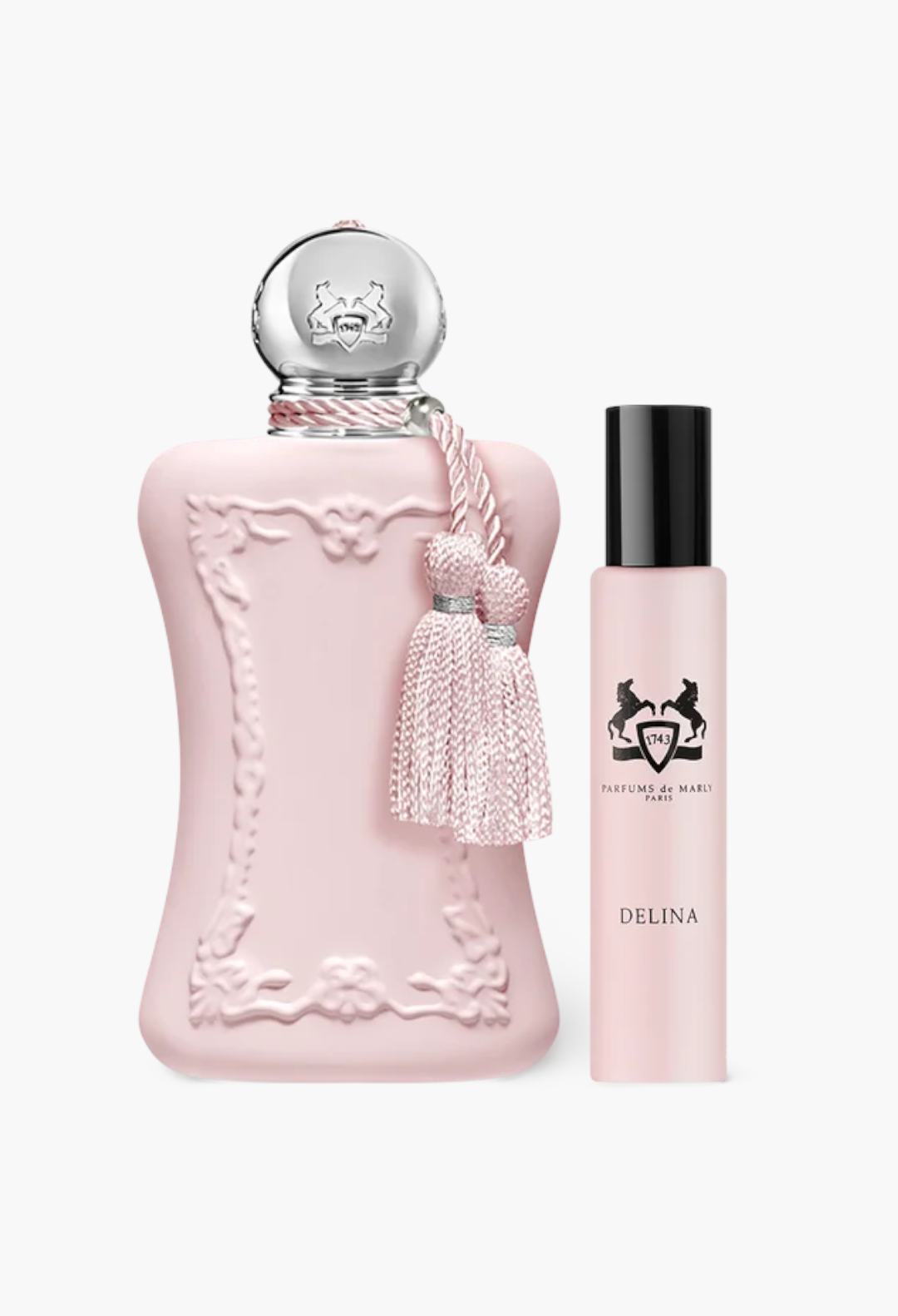 GLAM MODA Delina perfume set featuring a pink glass bottle with a tassel and a matching travel-sized spray vial.