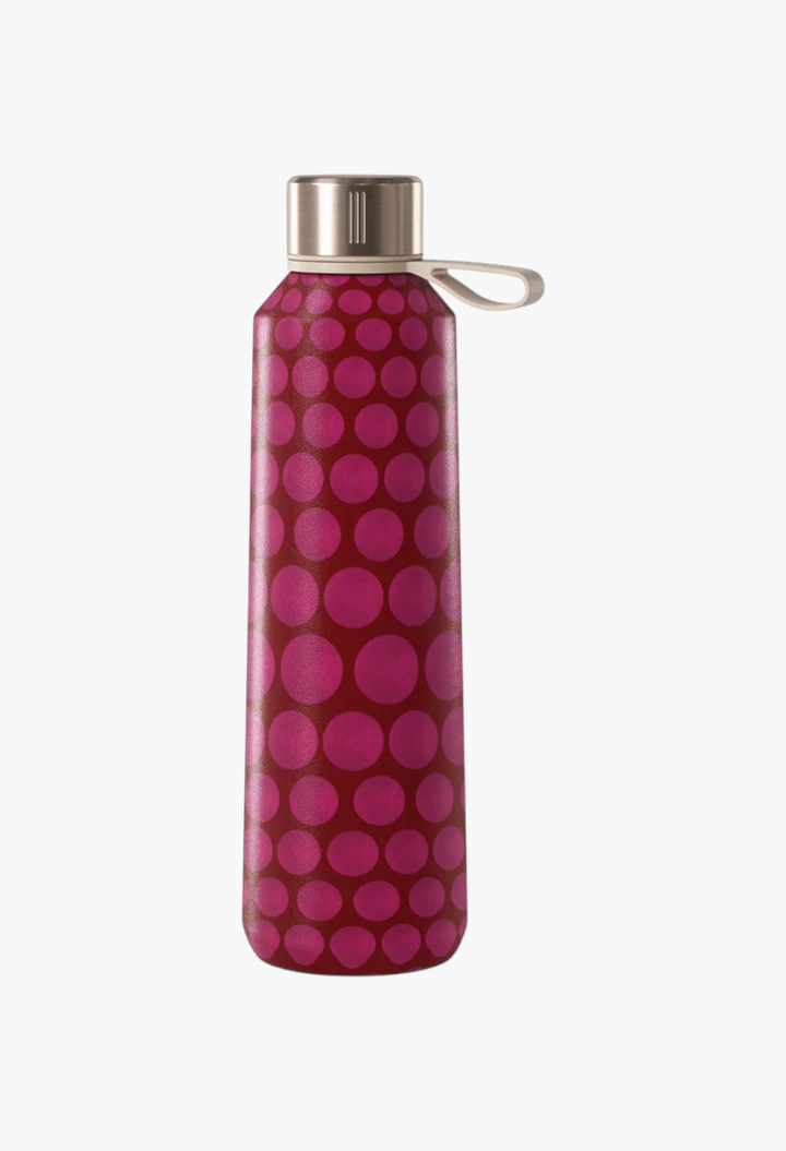 GLAM MODA stainless steel water bottle featuring a dark pink and magenta polka dot pattern with a silver cap.