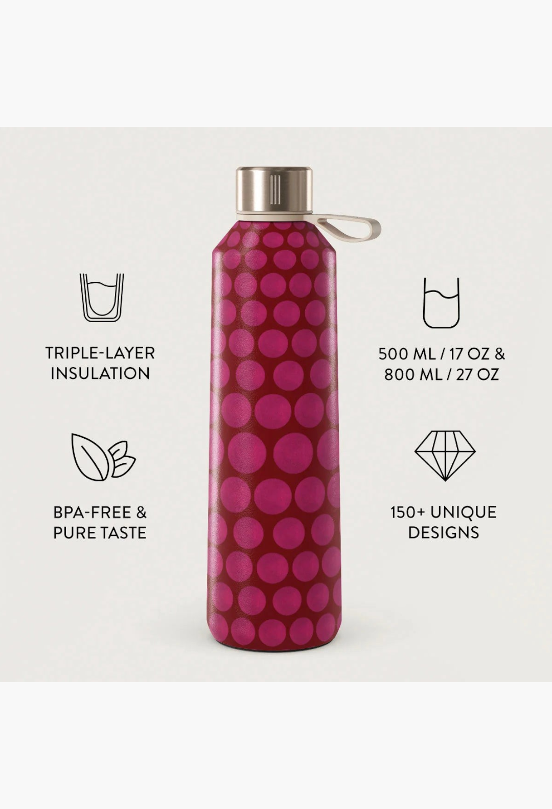 GLAM MODA Reset Button stainless steel water bottle with a pink and dark red polka dot pattern and silver cap.