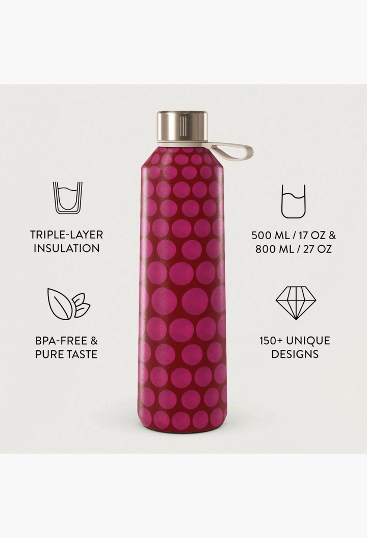GLAM MODA Reset Button stainless steel water bottle with a pink and dark red polka dot pattern and silver cap.