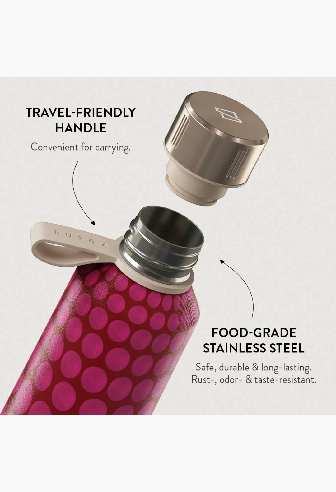 GLAM MODA BURGA Reset Button stainless steel water bottle with pink polka dot pattern and metallic cap