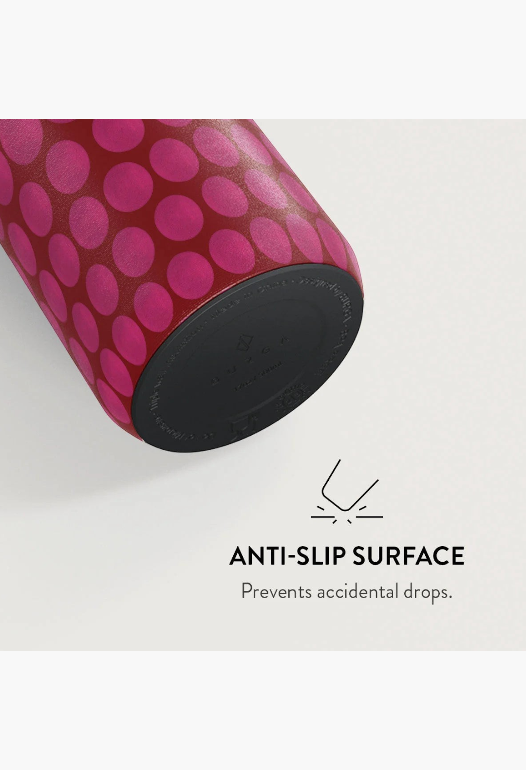 GLAM MODA Reset Button water bottle featuring a pink and red polka dot pattern with a black non-slip rubber base.