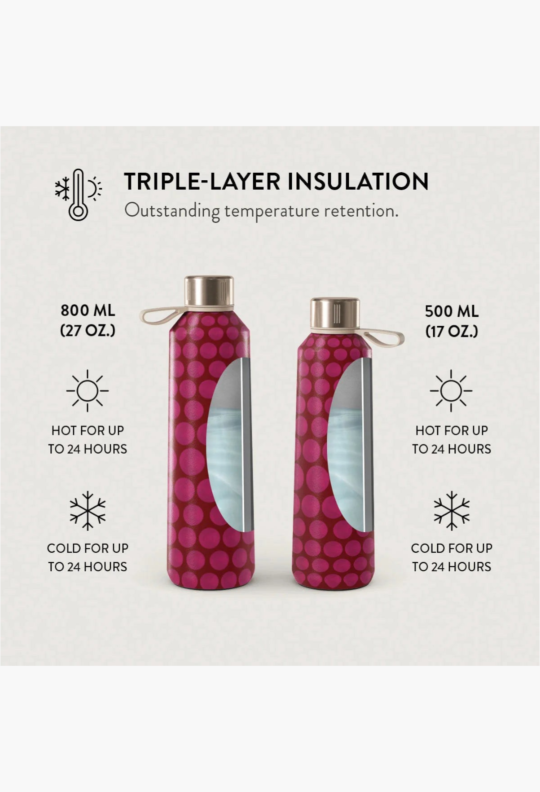 GLAM MODA Reset Button stainless steel water bottles in two sizes with a pink polka dot pattern and silver caps.