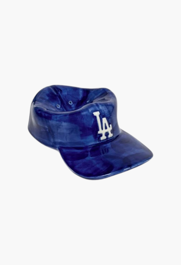 GLAM MODA ceramic incense holder shaped like a blue baseball cap with a white LA logo on a white background