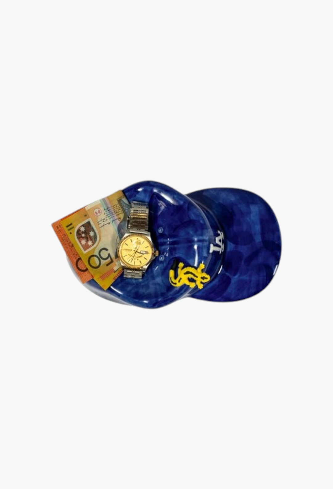 GLAM MODA blue ceramic baseball cap tray incense holder with LA logo, featuring a gold watch and banknote on top