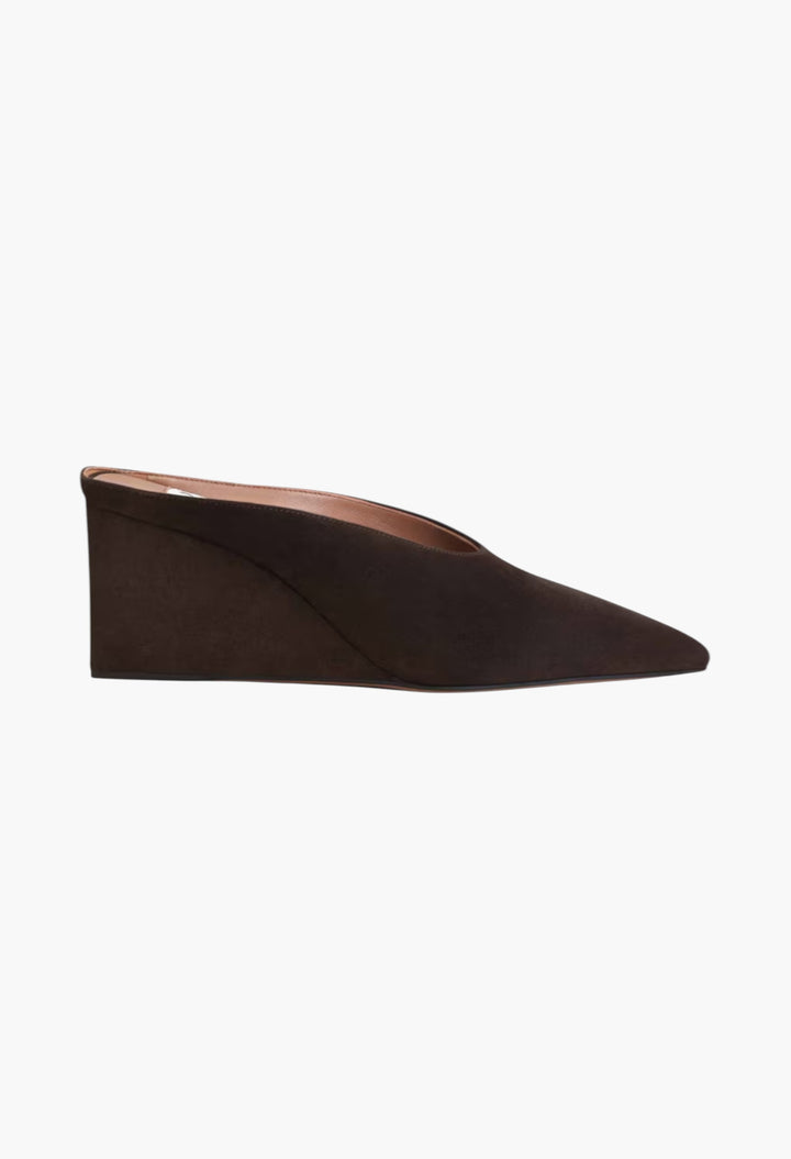 Dark Brown -  Cube Wedge Mules In Suede Goatskin - GLAM MODA