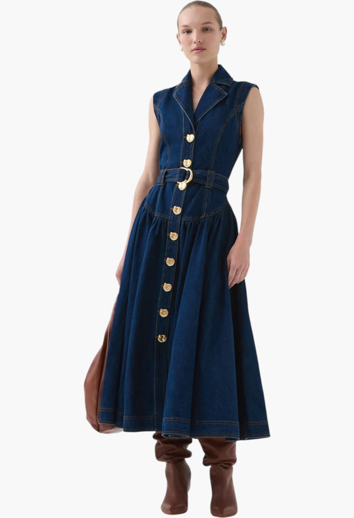 Dark Classic Wash - Elena Belted Denim Midi Dress - GLAM MODA