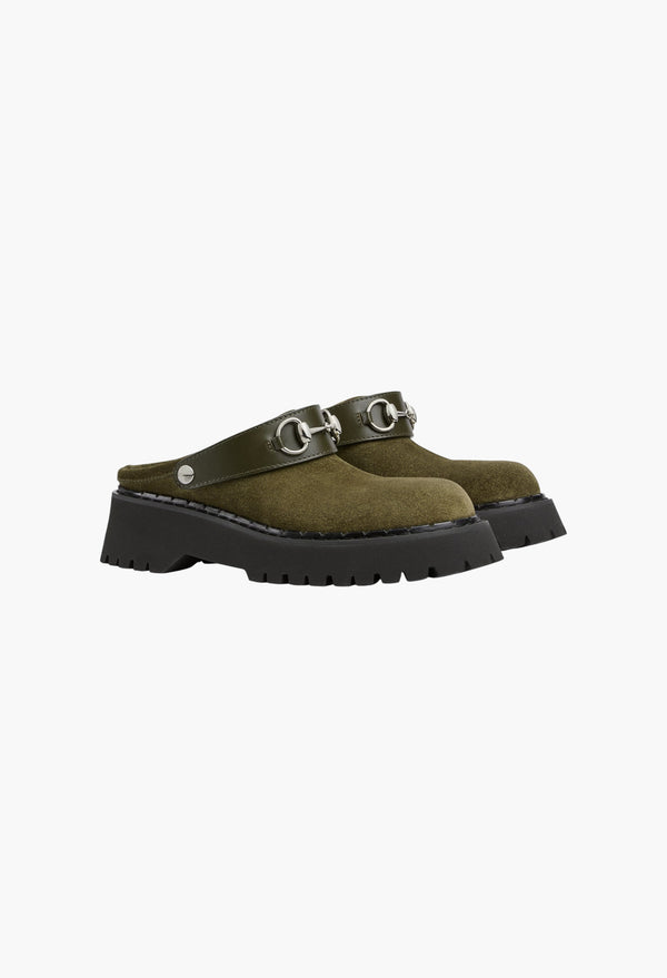 Dark Green Suede - Women's Mule With Horsebit