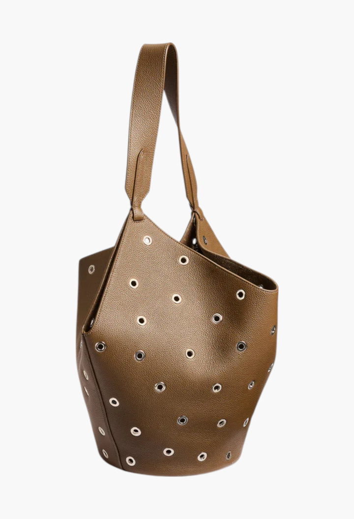 Dark Olive Pebbled Leather with Grommets - Small Lotus Tote - GLAM MODA