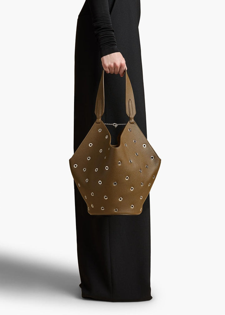 Dark Olive Pebbled Leather with Grommets - Small Lotus Tote - GLAM MODA