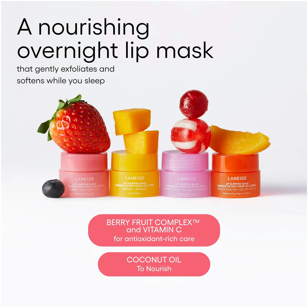 laneige dreamy lip sleeping mask kit with vitamin c Kit: Lip Berry, Sweet Candy, Mango, and Peach Iced Tea, Nourish, Hydrate, C, Shea Butter, Coconut Oil Beauty & Personal Care Get them feeling soft and supple with the LANEIGE Lip Sleeping Mask Berry Lip Sleeping Mask - LANEIGE