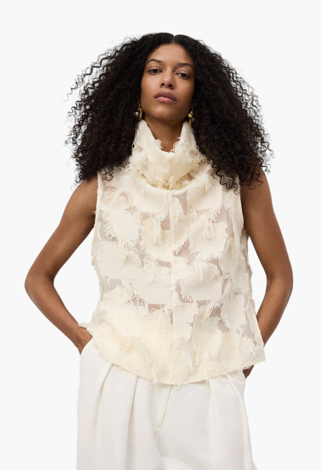 Ecru - Semi-Sheer Top With Fringe Details Woman - GLAM MODA