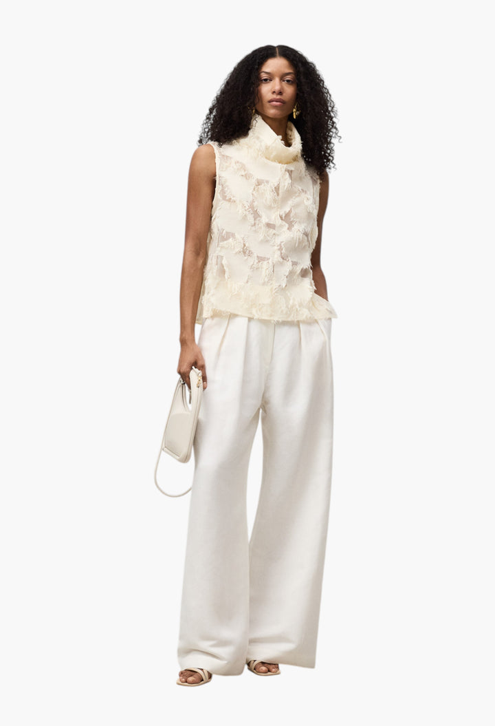 Ecru - Semi-Sheer Top With Fringe Details Woman - GLAM MODA