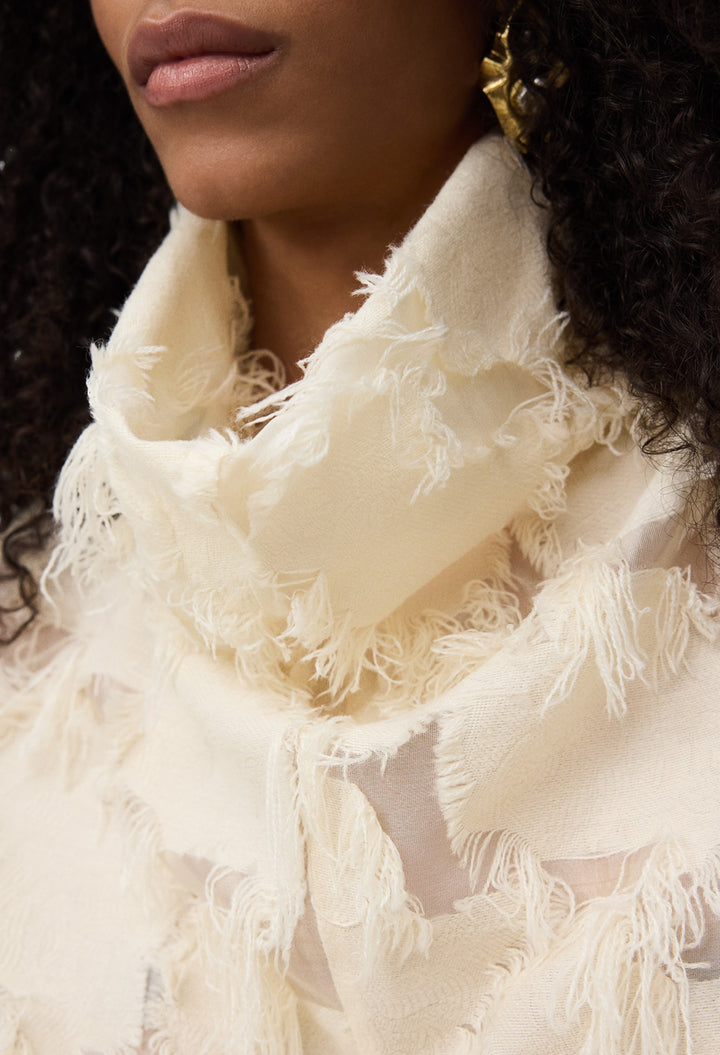 Ecru - Semi-Sheer Top With Fringe Details Woman - GLAM MODA