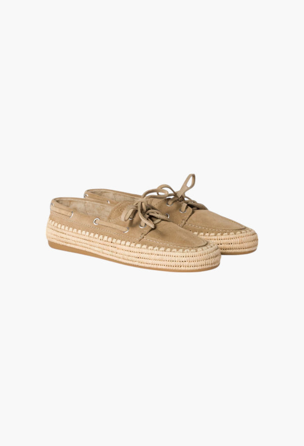 Ecru - Suede And Raffia Boat Shoes