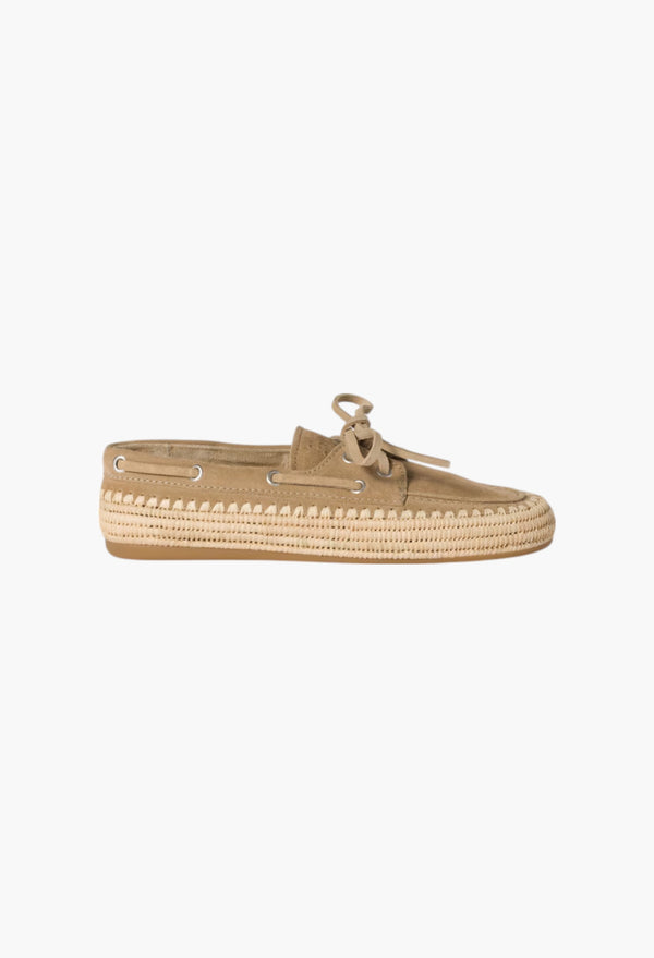 Ecru - Suede And Raffia Boat Shoes