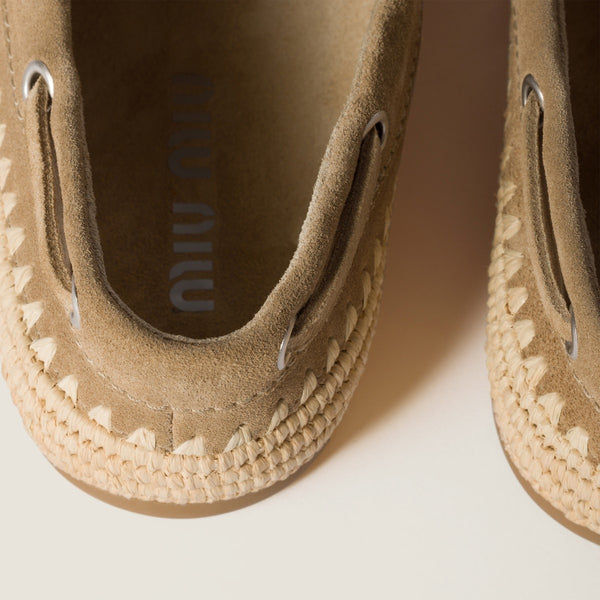 Ecru - Suede And Raffia Boat Shoes