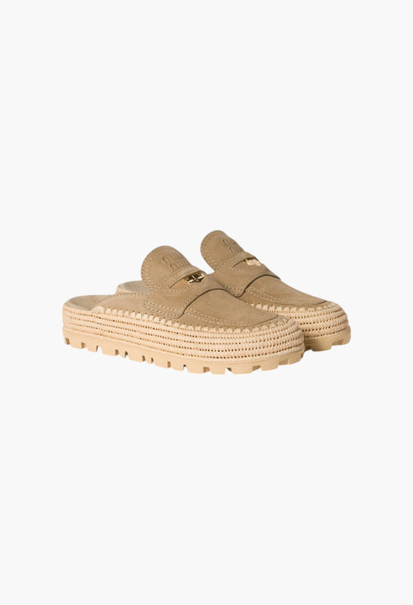 Ecru - Suede And Raffia Flatform Mules