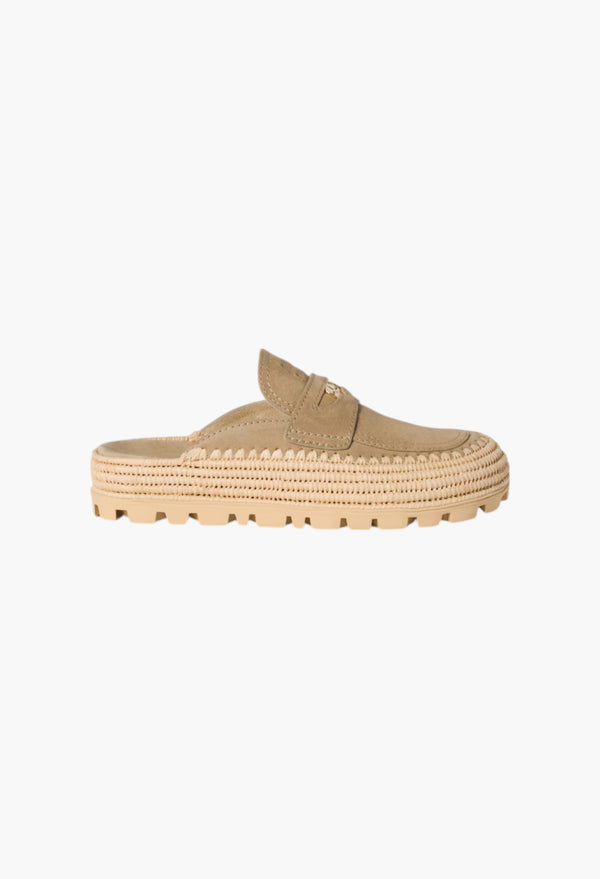 Ecru - Suede And Raffia Flatform Mules