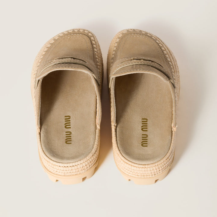 Ecru - Suede And Raffia Flatform Mules - GLAM MODA