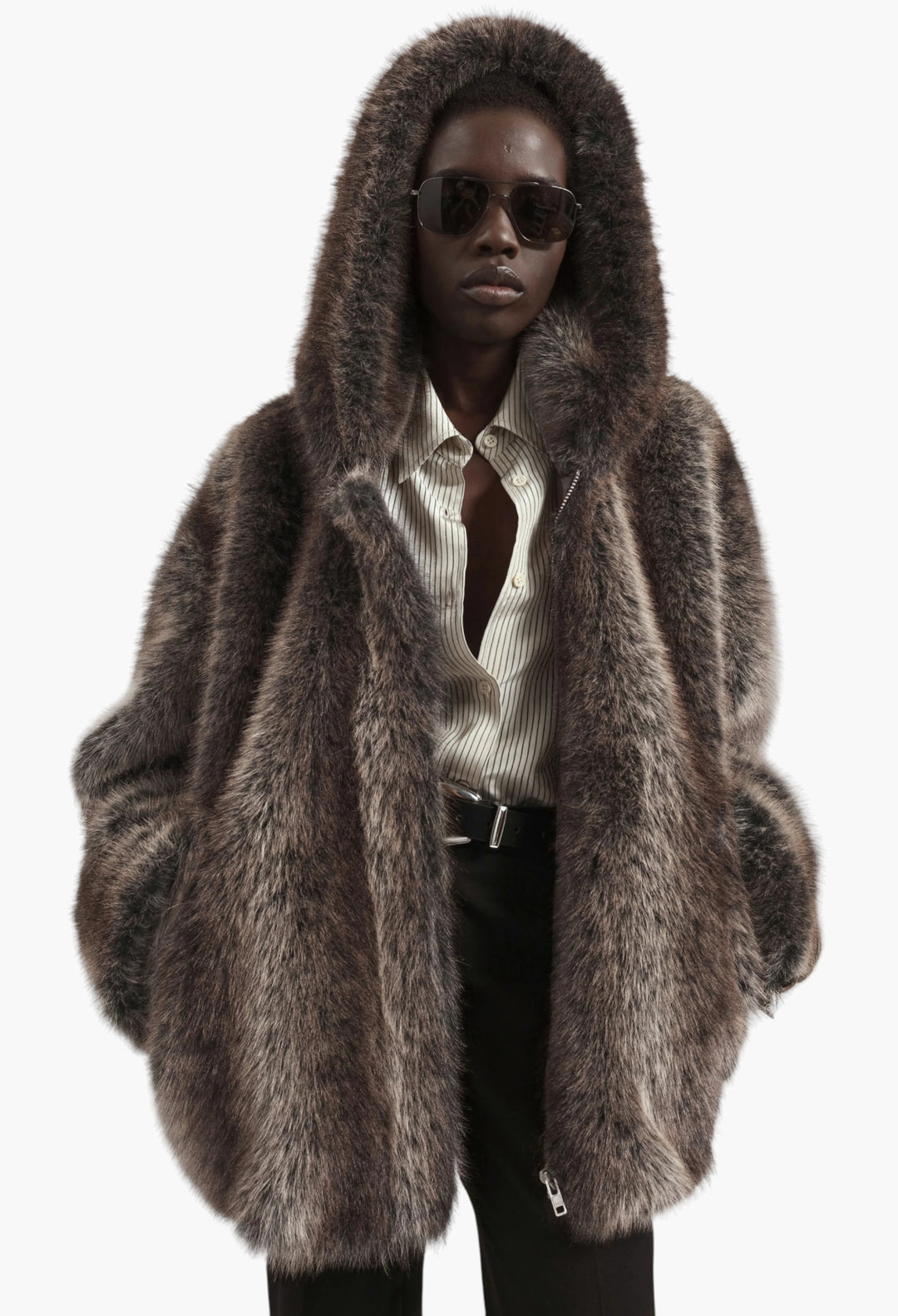 Emma Faux Fur Hooded Jacket - Brown Melange - GLAM MODA