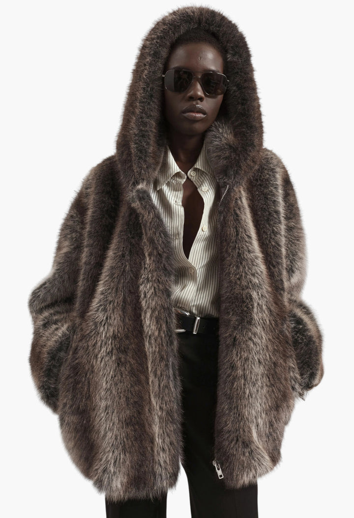 Emma Faux Fur Hooded Jacket - Brown Melange - GLAM MODA