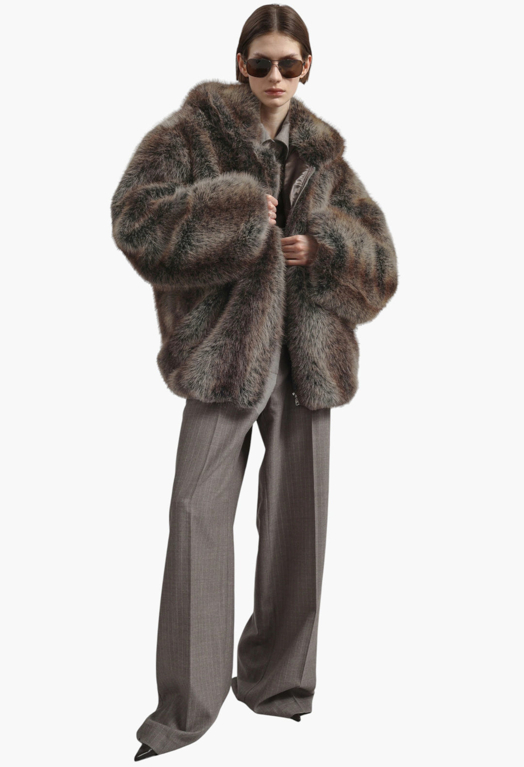 Emma Faux Fur Hooded Jacket - Brown Melange - GLAM MODA