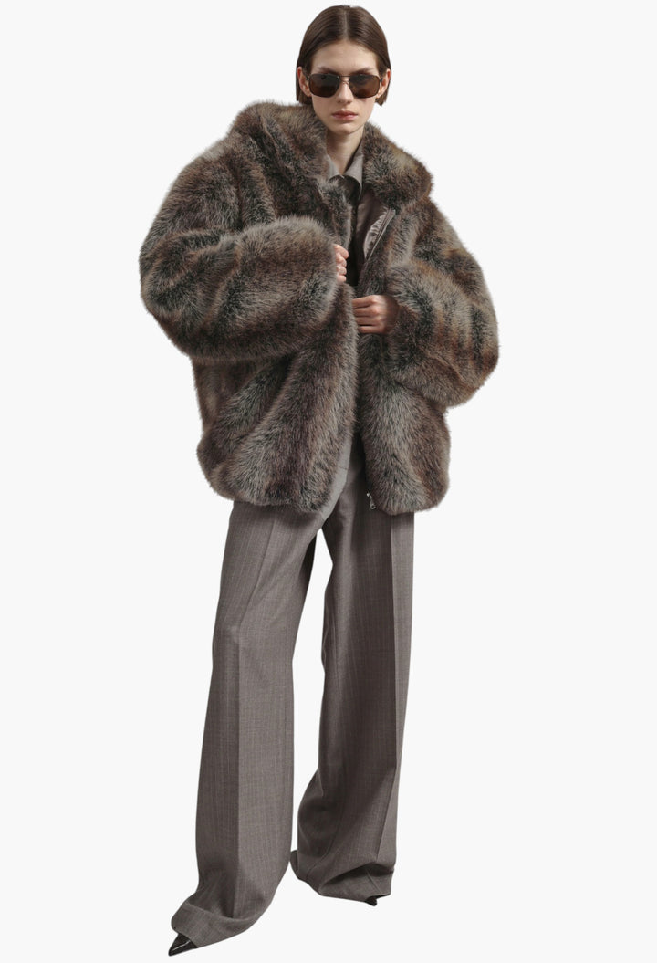 Emma Faux Fur Hooded Jacket - Brown Melange - GLAM MODA