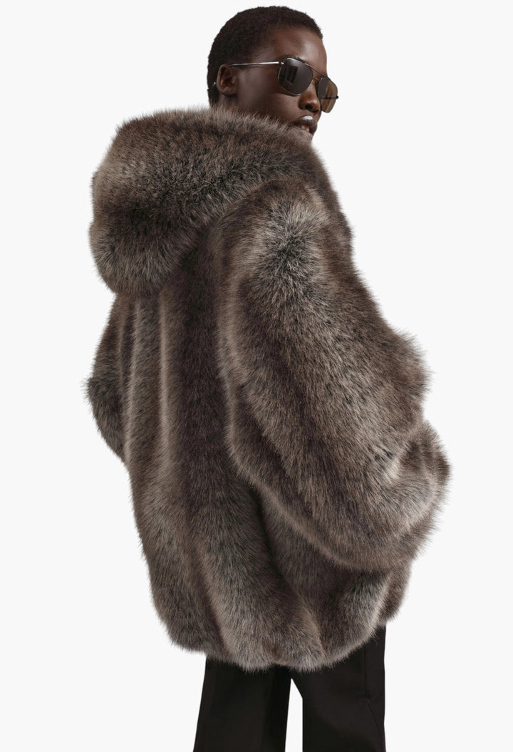 Emma Faux Fur Hooded Jacket - Brown Melange - GLAM MODA