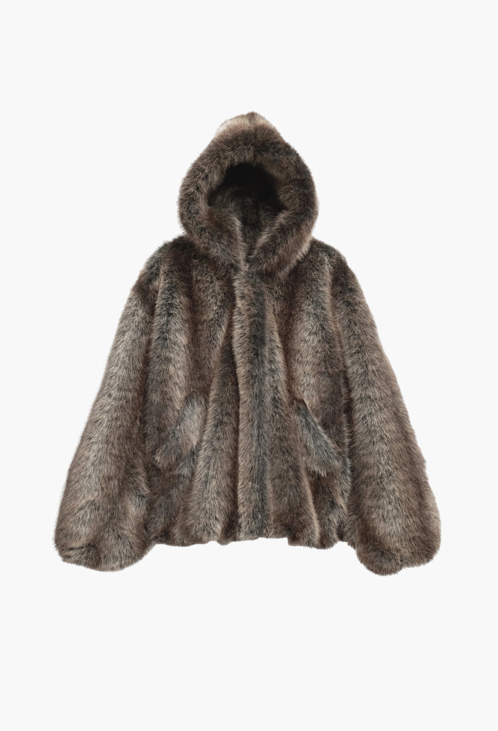 Emma Faux Fur Hooded Jacket - Brown Melange - GLAM MODA