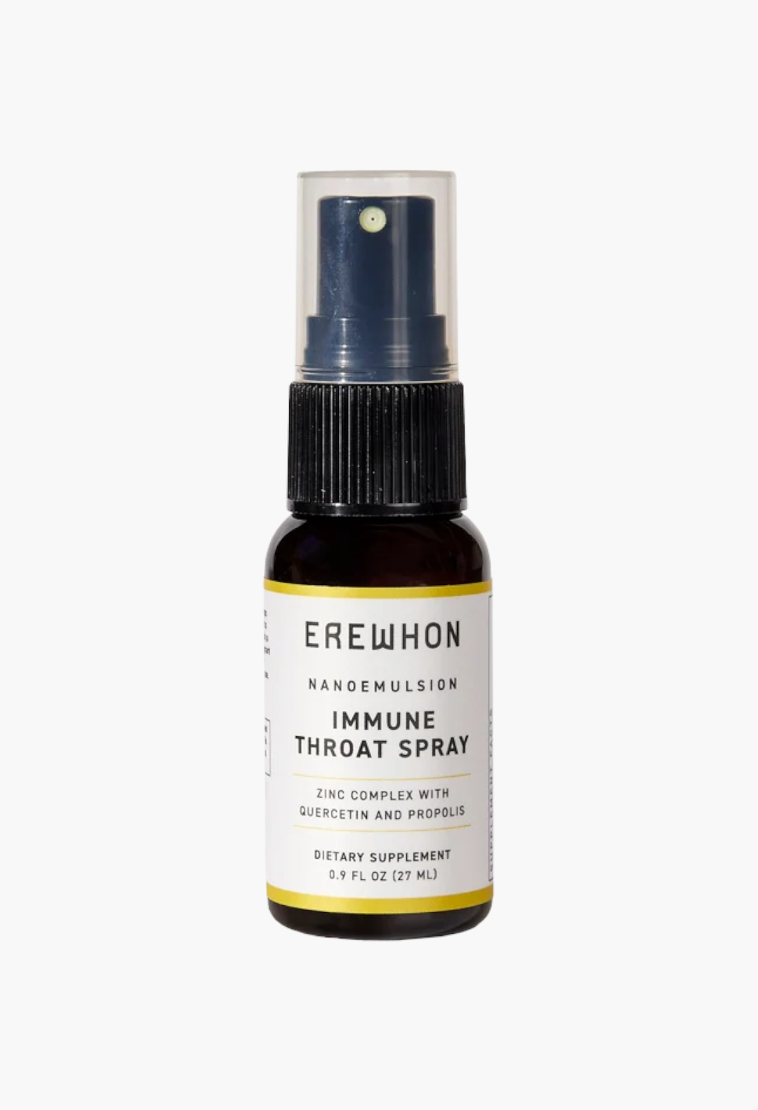 GLAM MODA Erewhon Immune Throat Spray in a 0.9oz amber bottle with a clear cap, featuring zinc, quercetin, and propolis.