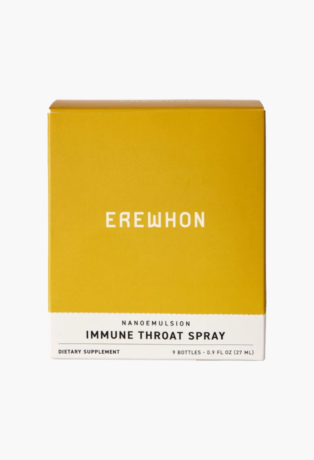GLAM MODA Erewhon Immune Throat Spray box in yellow and white featuring nanoemulsion formula for immune support.