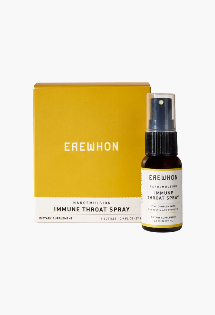 GLAM MODA Erewhon Immune Throat Spray with zinc, propolis, and quercetin in a yellow box and small spray bottle.