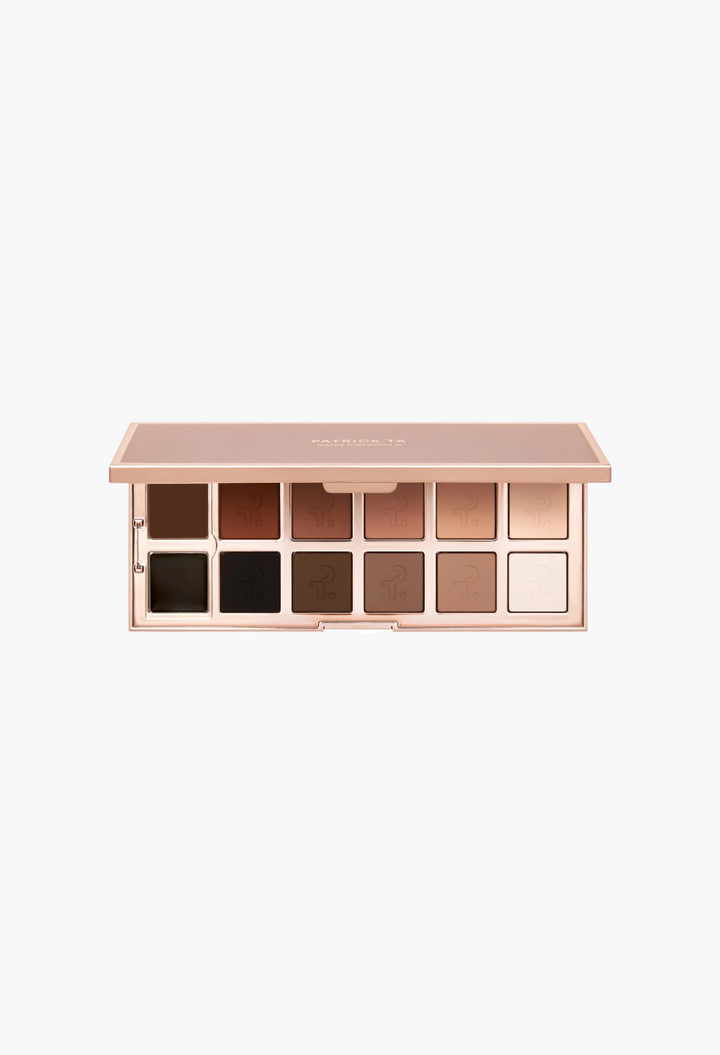 GLAM MODA Major Dimension III matte eyeshadow palette with warm and cool nude shades in a rose gold compact.